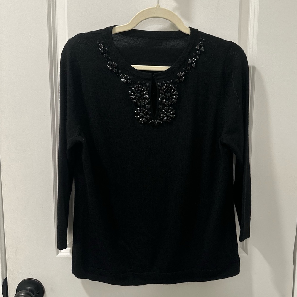 Talbots Black 100% Pure Merino Wool Black Sweater Gemstones 3/4 Sz Petite M